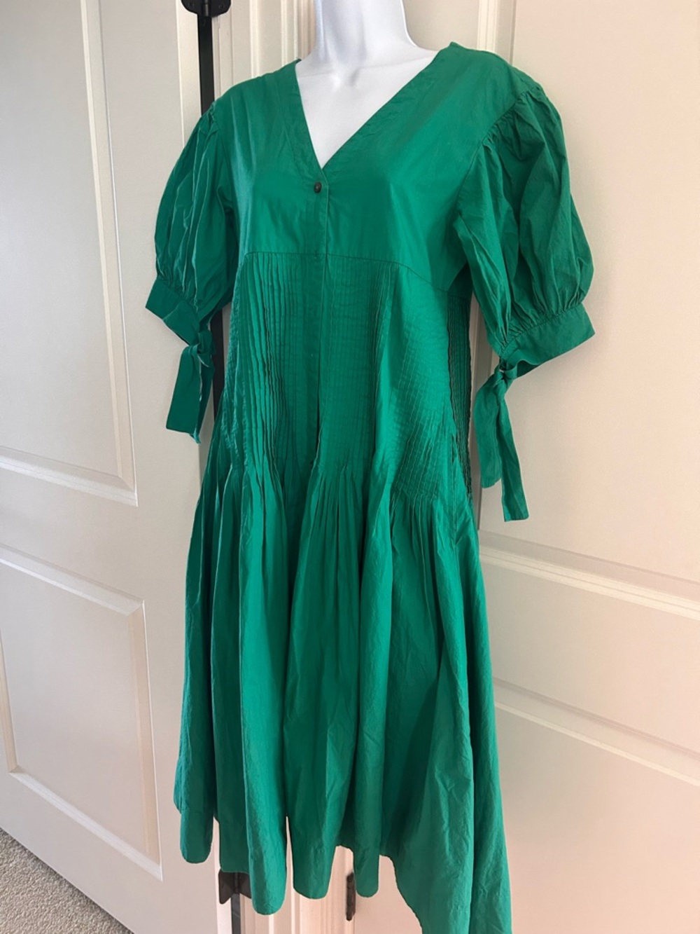 Anthropologie’s Maeve Emerald Green V-Neck Midi Dress with Puff Sleeves